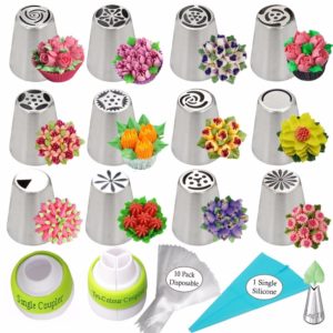 Drop shipping 26pcs/set russian piping nozzle set for cake piping tips 12pcs tulip nozzles+2couplers+pastry bags